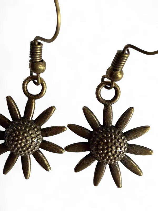 Handmade Antique Bronze Sunflower Dangle Earrings - Image 3