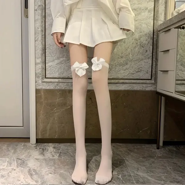 White Bow Thin Light‎ Smooth Over The Knee Socks Women's Stockings One Size - Image 9