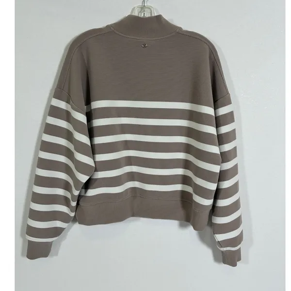 CALIA Womens M Taupe White Striped Mock Neck Cropped Pullover Sweatshirt - Image 8