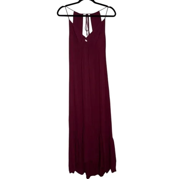 Burgundy Open Back Maxi Dress‎ V-Neck Twist Front Ruffle Hem Wine Boho Summer - Image 4