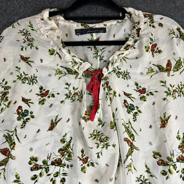 Patterson J Kincaid Silk Bird Print Blouse‎ Cream Red Tie Dolman Sleeve Medium - Image 8