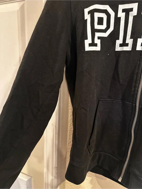 PINK Victoria's Secret Black Full-Zip Hoodie with White Logo Size Small 0448 - Image 2