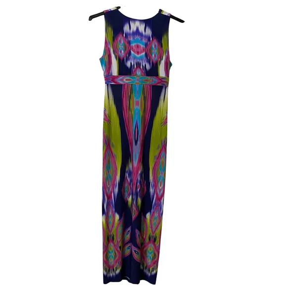Chico's Maxi Dress Women's Sz1 Blue Pink Green Ikat Abstract Sleeveless Boho EUC - Image 2
