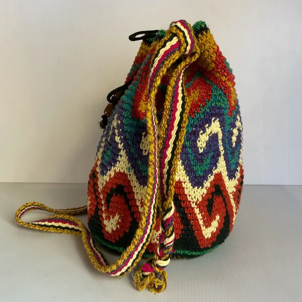 Boho Multicolor Woven Bucket Bag Crossbody Drawstring Ethnic Artisan Style Pink - Image 6