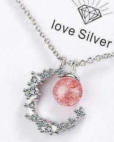 925 crescent strawberry crystal necklace women's high-end light luxury 2023 new style peach blossom clavicle chain ins lettering - Image 11