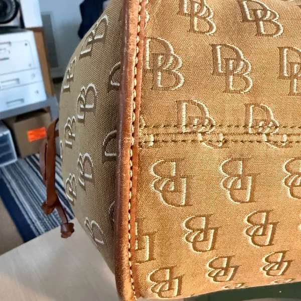 Dooney & Bourke DB Signature Tan Weekender Canvas Tote with Leather Trim - Image 11