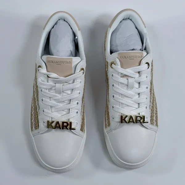 Karl Lagerfeld Paris Size-7 Cate Lace Up Sneaker White Gold Woven - Image 9