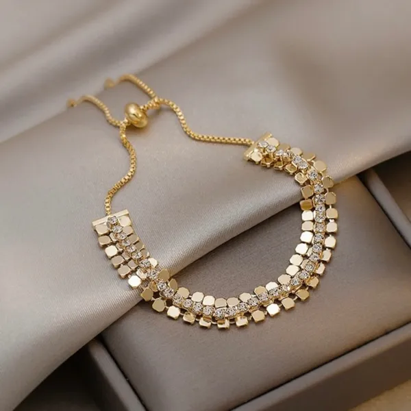 18K Gold Plated Adjustable Crystal Metal Sequin Charm Bracelet for Women - Image 4