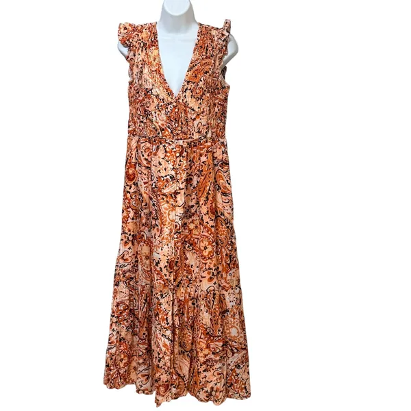 Anthropologie Orange Paisley Smocked Tiered Ruffle Maxi Dress Womens Size M - Image 3