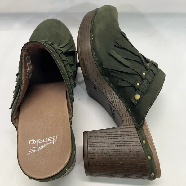 Dansko Fringe‎ Mules Sz 9 EU 42 Olive Green 3” heel New - Image 5