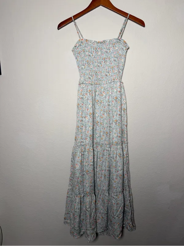 Altar’d State Blue Floral Smocked Open Back Tiered Maxi Dress XS Romantic - Image 3