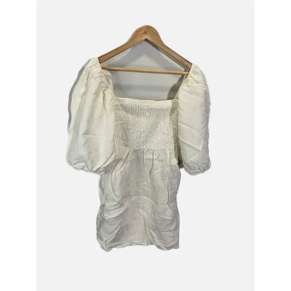 Tuckernuck Mini Dress Womens Medium White Smocked Linen Puff Sleeve Coastal - Image 2