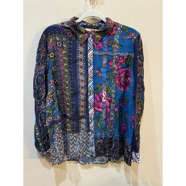 John Mark women's mixed-print button-front tunic‎ Size Large Silky Floral Boho - Image 2