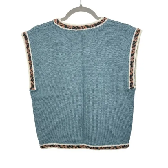 Russ Petites Blue Sweater Vest Women's Size S Floral Motif Leopard Trim‎ Knit - Image 2