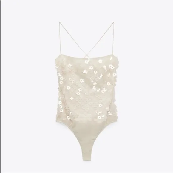 Zara‎ Cream Floral Sequined Bodysuit Size M NWT - Image 4