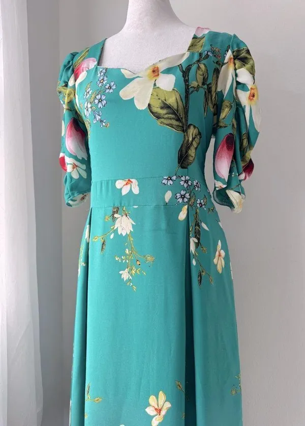 Minh Phuong Teal Floral Print Sweetheart Neckline Half Sleeve Maxi Dress - Image 3