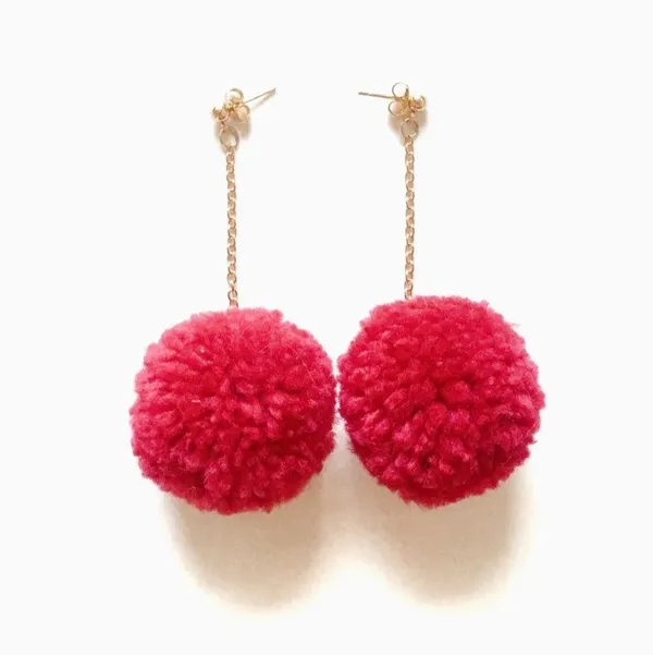 Handmade Red Pom Pom Earrings - Image 2