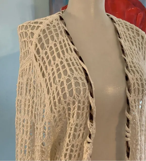 Katie Todd Weave Crochet Cardigan Boho Sz M Medium Cover Up White Ribbon Trim - Image 8