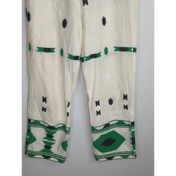 Zara White‎ & Green Geometric Embroidered Linen Pants Small Coastal Bohemian - Image 4