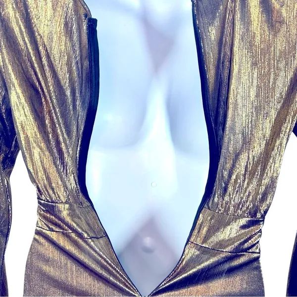 Lulu’s Metallic Gold Faux Wrap Asymmetrical Party Dress Semi Sheer Small Glam - Image 8