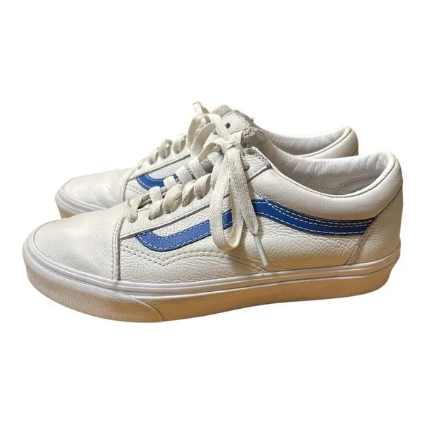 Vans Old Skool Leather White Blue Stripe Low Top Sneakers Womens 9 Mens 7.5 EU40 - Image 4