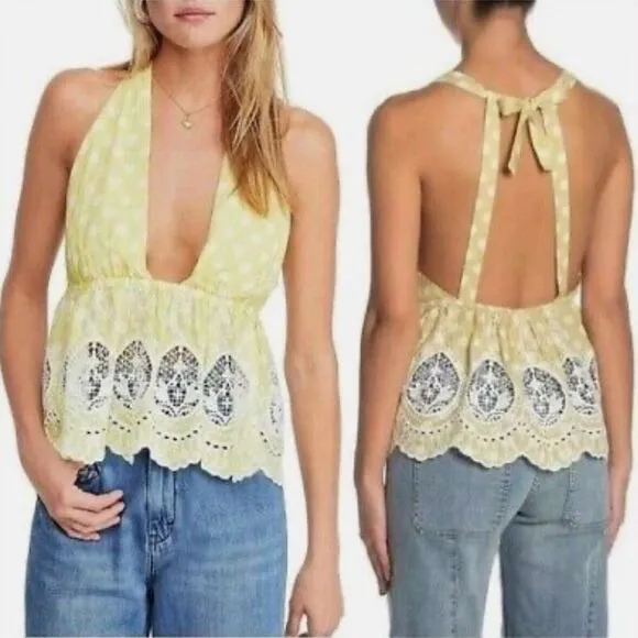 Free People M Lunch‎ Date Yellow Polka Dot Halter Top Citron Plunge Coquette New - Image 2
