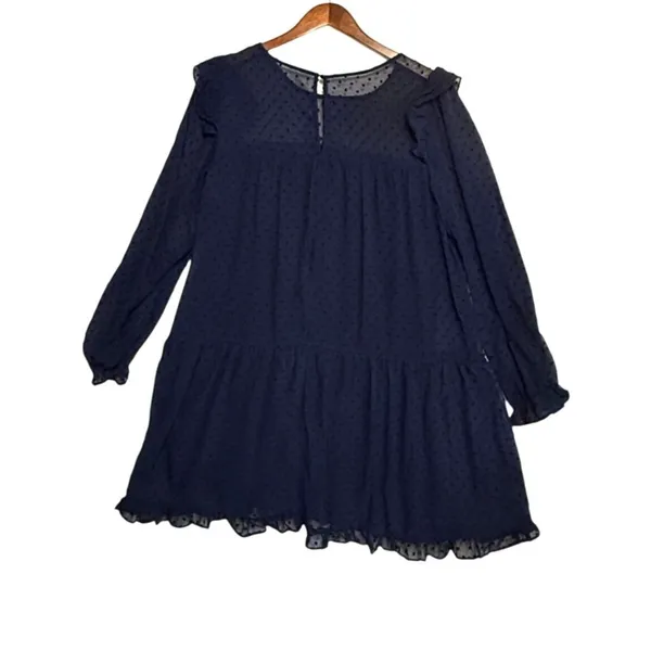 Sheer Navy Blue Dotted Tier Ruffle Dress Long‎ Sleeves Size L Romantic Whimsy - Image 14
