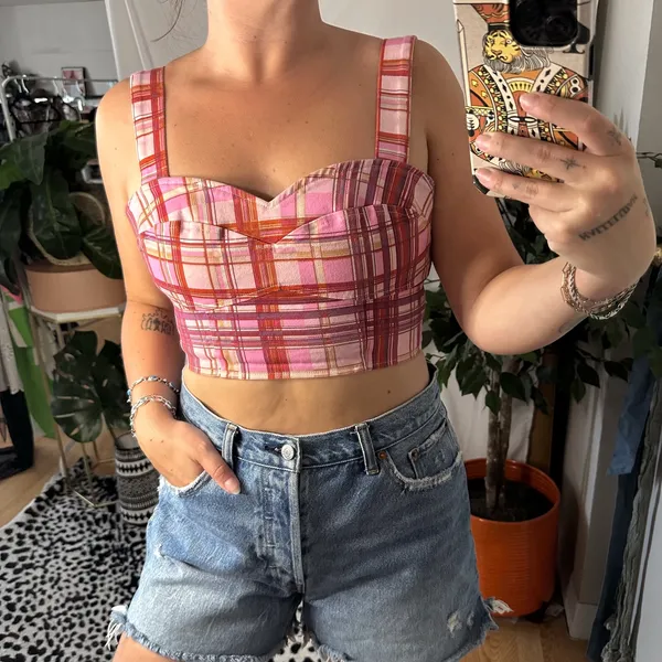Amur Tess Cropped Bustier Plaid Top Pink Size Medium - Image 3