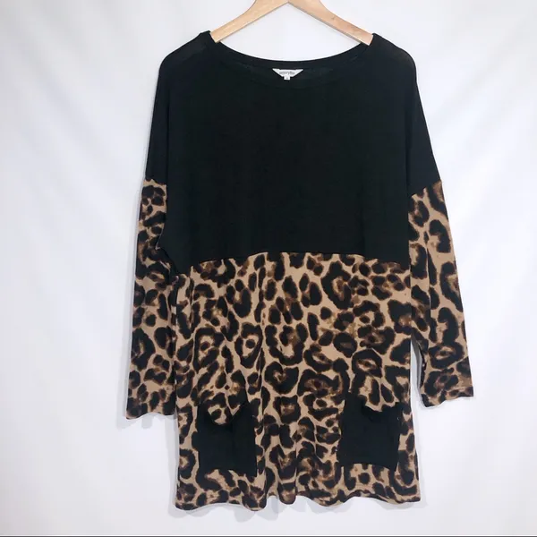 New‎ Amaryllis Brown ColorBlock Leopard Tunic w/ Pockets Medium Casual Flowy - Image 2