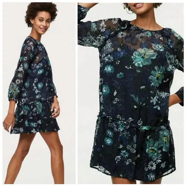Ann Taylor Loft Navy Blue Winter Garden Floral Flounce Dress Size S‎ Feminine - Image 2