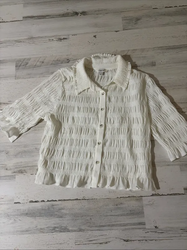 Anthropologie Maeve Cream Smocked Ruffle-Cuff Collared Top Size Large - Image 4