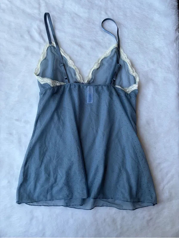 Y2K Blue Lace Bow Cami Sheer Polka Dot Coquette Lingerie Tank Top - Image 4