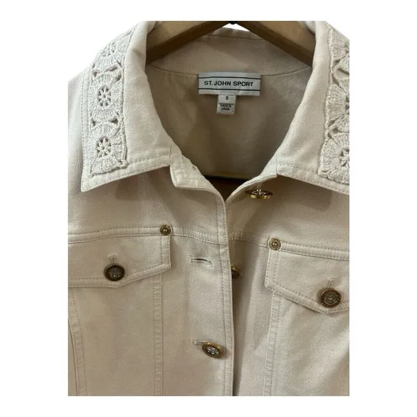 St. John Sport Ivory Stretch Cotton Jean/Denim Embroidered Jacket sz‎ S - Image 6