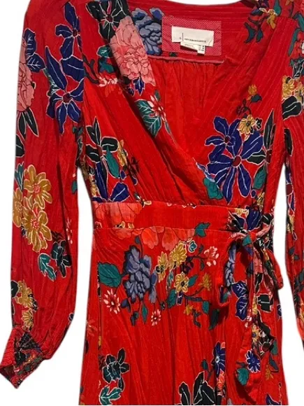Anthropologie Boswell Textured Red Floral Surplice Neckline Faux Wrap Dress 0P - Image 5