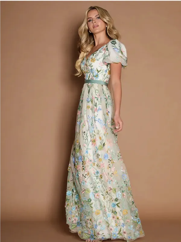 Azazie Cream Maxi Dress with Multicolor Floral Embroidery - Image 3
