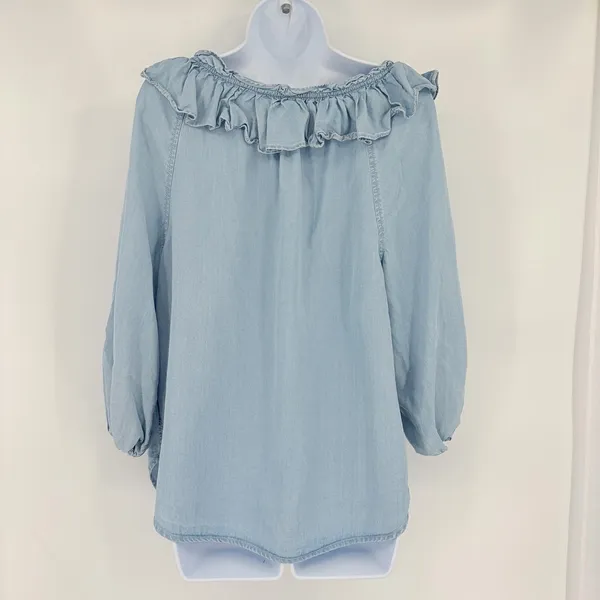 Lauren Ralph Lauren Chambray Womens Top Sz M Ruffle Peasant Boho Coastal Cottage - Image 6