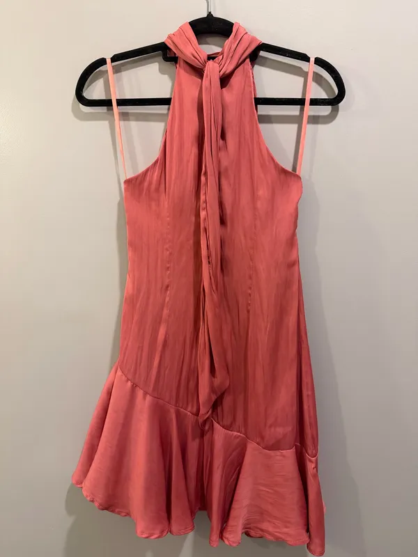 Hello Molly Satin Looking Cute Halter Neck Asymmetrical Skirt Mini Dress Rose - Image 7