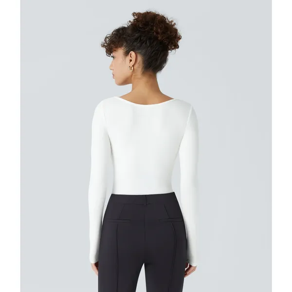 NEW Halara White Ribbed Knit Square Neck Long Sleeve Skinny Casual Bodysuit S - Image 3