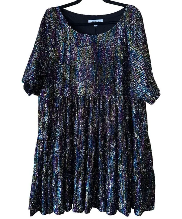 Amazing Lace Oil Slick Sequin Tiered Babydoll Concert and Party Mini Dress XL - Image 2