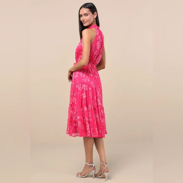Lulu's Hot Pink Floral Tiered Halter Dress - Image 3