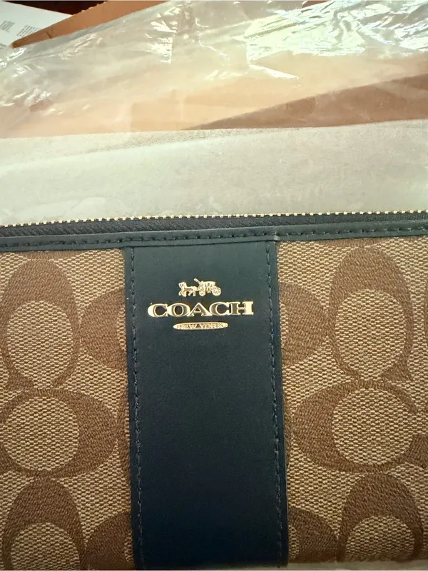 Coach Brown Signature Zip-Around Wallet with Black Leather Trim - Image 2
