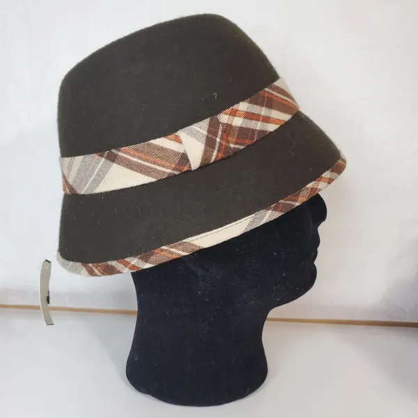 COLOMBINO Wool Plaid Belted Bucket Hat Brown - Image 3