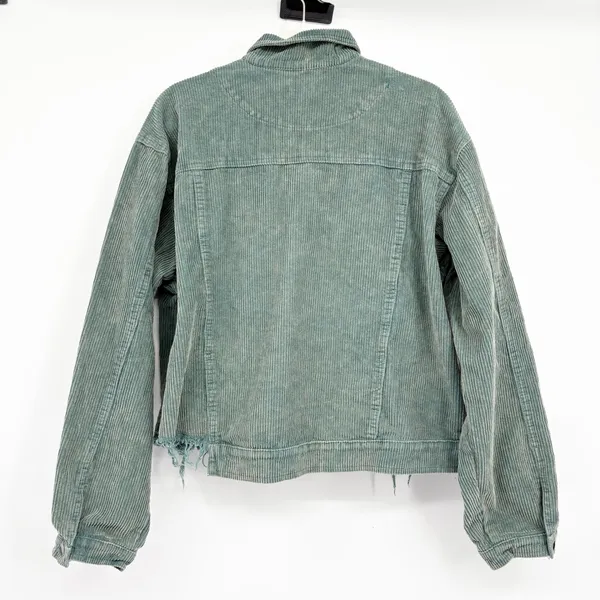 POL Womens Blue Green Corduroy Raw Hem Boho Grunge Trucker Jacket Size L - Image 8