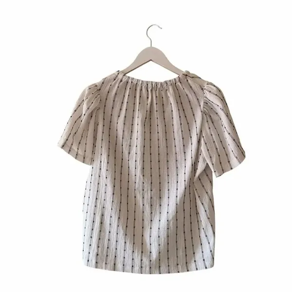 Madewell Tie-Neck Tunic Short Sleeve Black Striped Dot Knit Tunic Top SZ M #2568 - Image 6