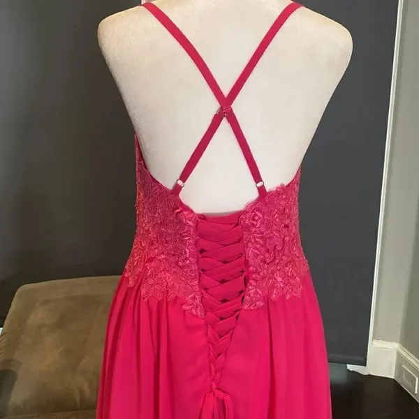 Women’s Pink Full Length Prom Party Dress Lace Appliqué Spaghetti Straps Size 8 - Image 7