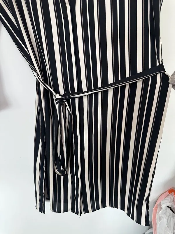 LOFT Black and White Striped Long Sleeve Midi Shirt Dress with Belt - Image 5