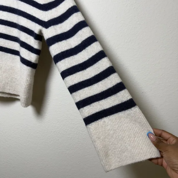J. Crew Womens Merino Wool Alpaca‎ Sweater XS Cream Navy Breton Stripe Preppy - Image 2