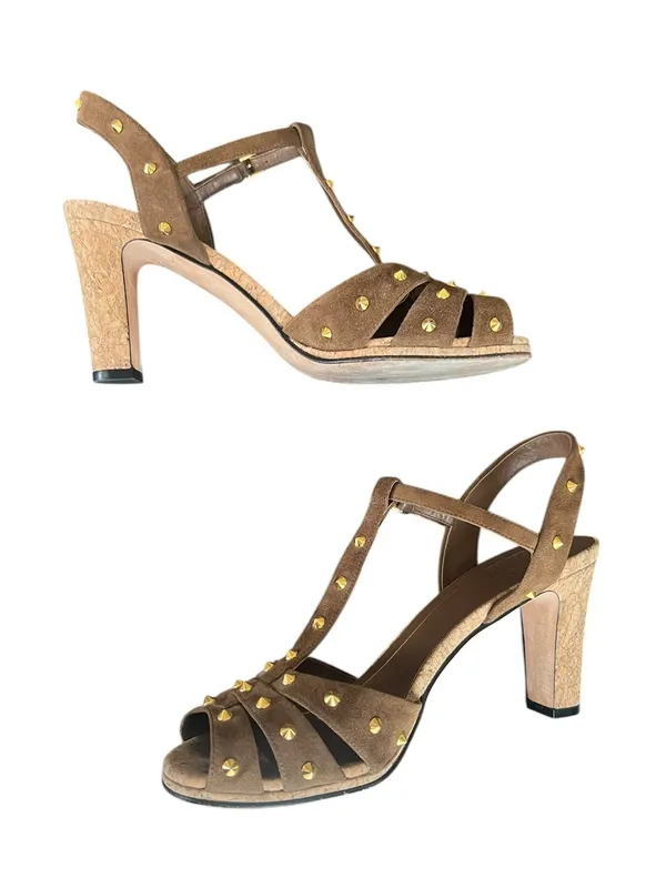Gucci Women’s Jacquelyne Brown Suede Gold Studded Cork Block Heels Size 39 - Image 8