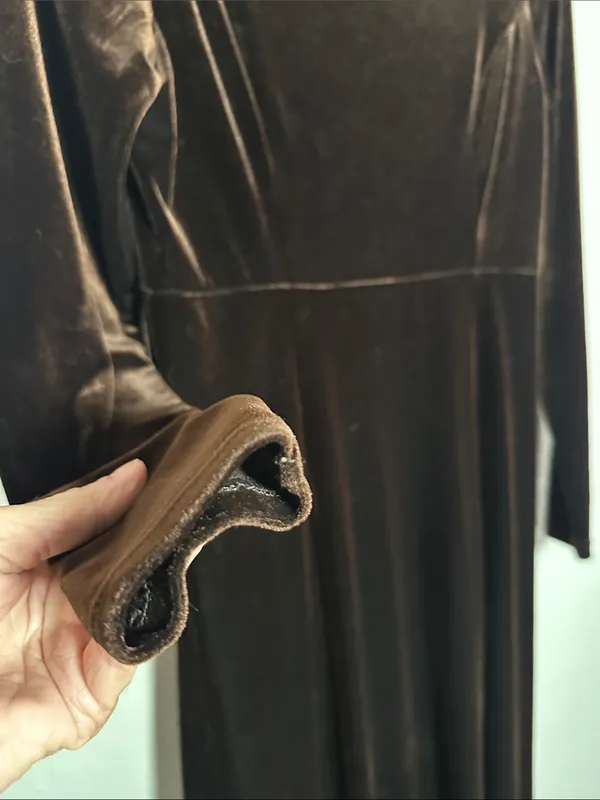 Vintage Moda Brown Velvet Long Sleeve Maxi Dress Chic 70s Mod Classic Goth Fall - Image 6