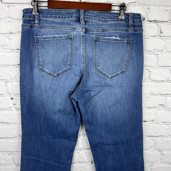 Kancan Women Size 31 Bootcut Crop Jeans Distressed Mid Rise Medium‎ Wash Raw Hem - Image 5